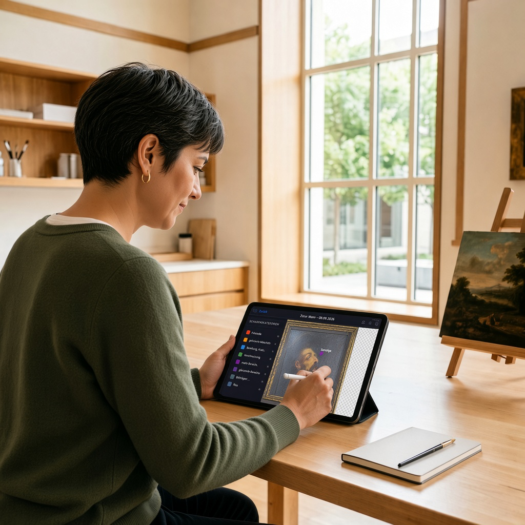 Konservatorin dokumentiert Schäden auf einem iPad in einem Atelier